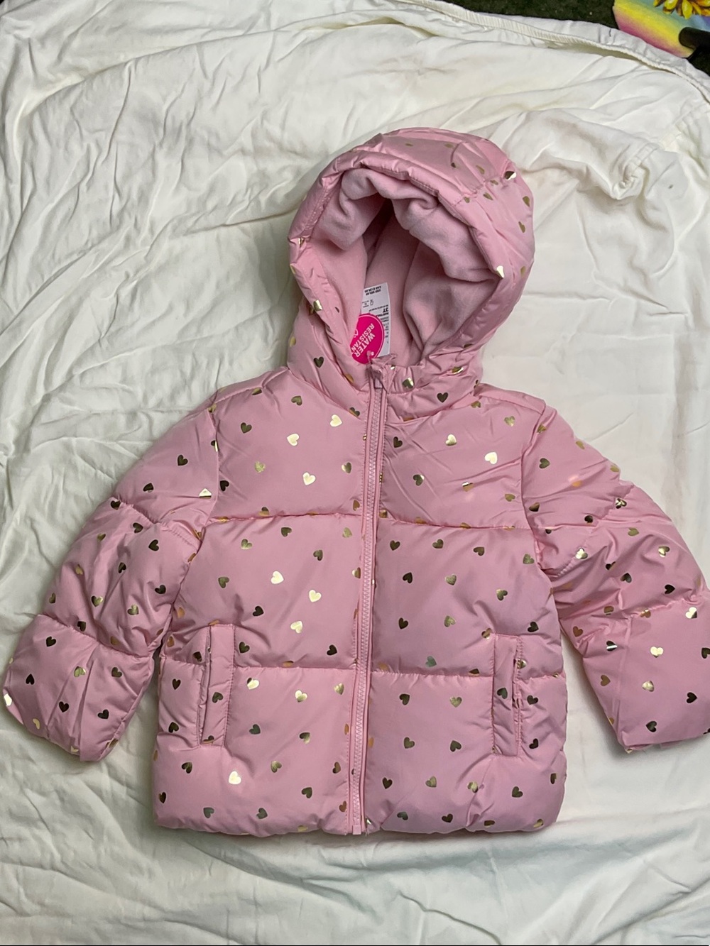 The Children's Place Pink Puffer Jacket with Gold Heart Print
